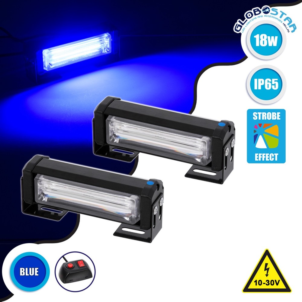 GloboStar® 85026 PRO Series ΣΕΤ 2 x Μπάρες Σήμανσης Οχήματος Αστυνομίας για Αυτοκίνητα & Φορτηγά 13 Προγραμμάτων Φωτισμού STROBE LED CREE CXB COB 18W DC 10-30V Αδιάβροχο IP65 Μπλε